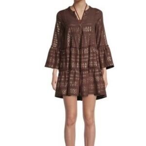 Elan Clara Brown Gold Metallic Tiered Ruffle Mini Dress Size M Boho Chic